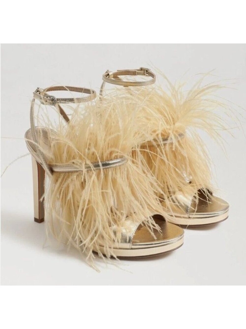 Sam Edelman Jacinta Gold Feather Ankle Strap Stiletto Heels Size 8.5